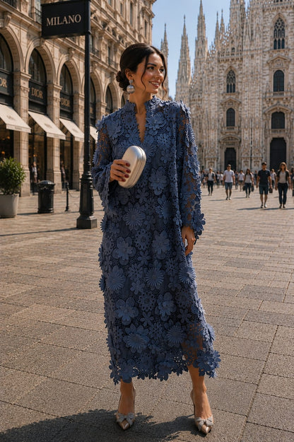 Abito Midi in Pizzo Floreale con Sottana Interna + Borsa in Omaggio