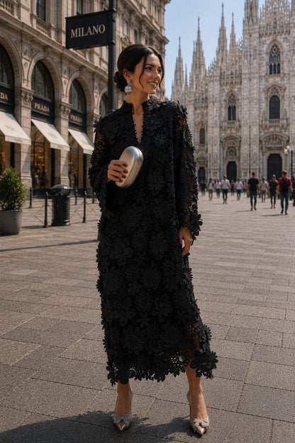 Abito Midi in Pizzo Floreale con Sottana Interna + Borsa in Omaggio