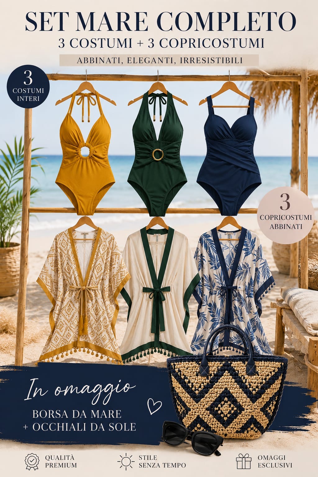 Set Diva Beach 3 costumi più 3 copricostumi in omaggio una Borsa Mare + Occhiali da sole