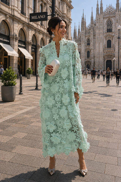 Abito Midi in Pizzo Floreale con Sottana Interna + Borsa in Omaggio