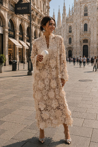 Abito Midi in Pizzo Floreale con Sottana Interna + Borsa in Omaggio